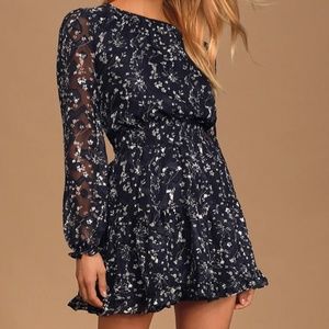 Lulus navy blue floral print smocked long sleeve mini dress